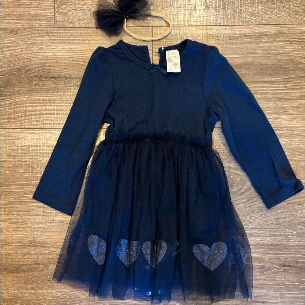 Badgley Mischka Navy Ribbed Knit Baby Bodysuit with Bow
